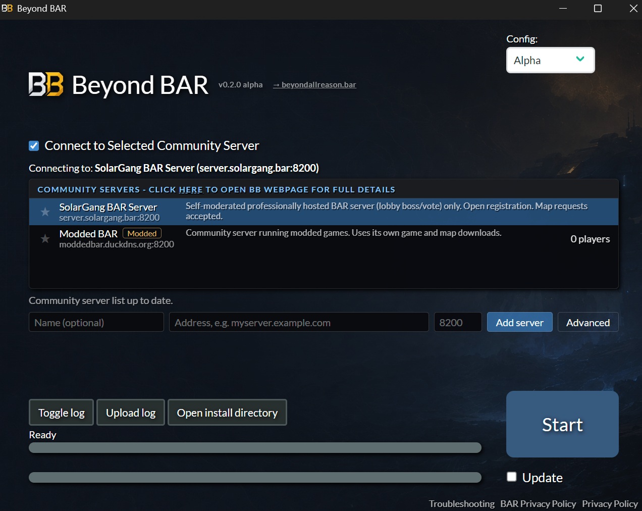 Beyond BAR launcher v0.2.0 showing the community server list with SolarGang BAR Server and Modded BAR, plus the Start button.